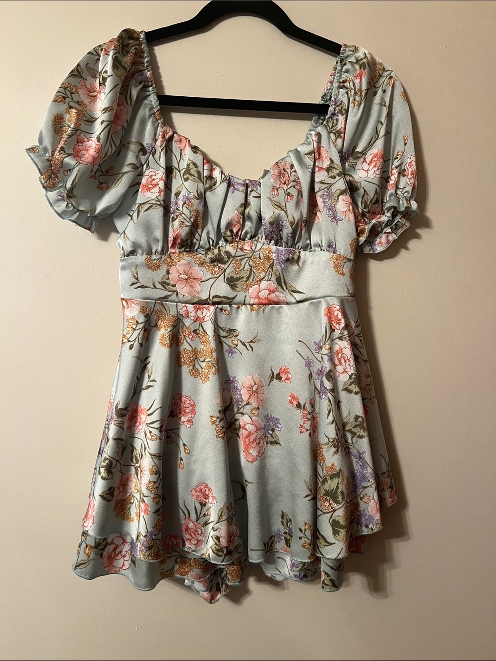 Inspired Hearts Floral Puff-Sleeve Romper in Light Blue with Pink & Green